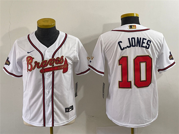 Youth Atlanta Braves #10 Chipper Jones 2022 White/Gold World Series Champions Program Stitched Stitched Jersey